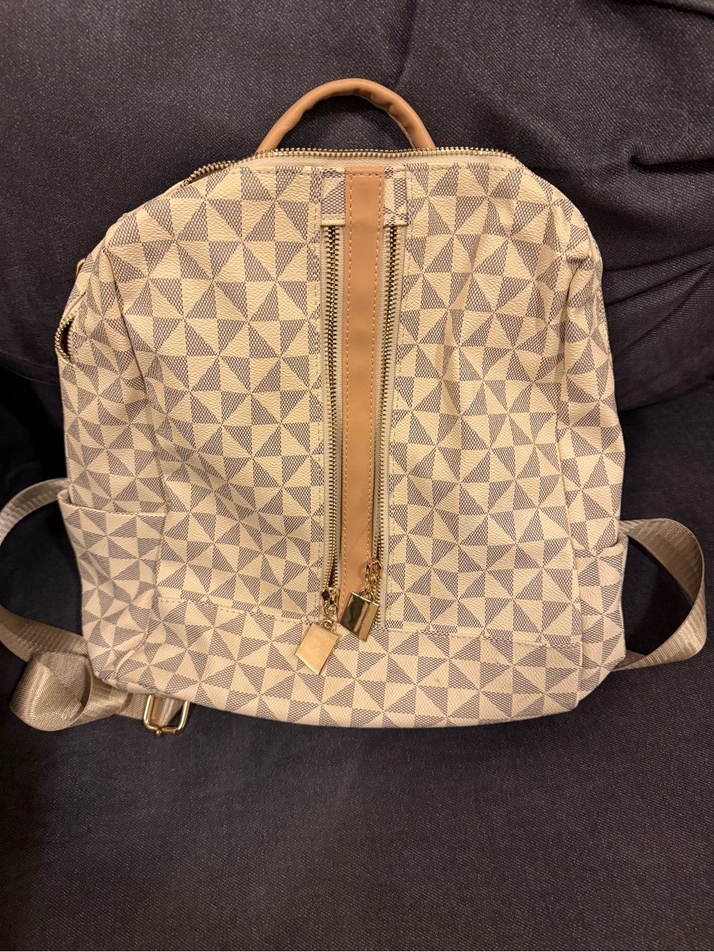 Geometric Pattern Beige & Tan Backpack Handbag